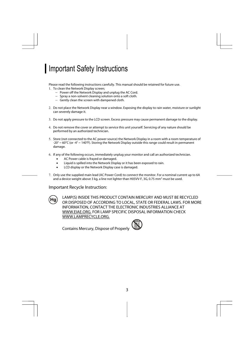 Important safety instructions, Important recycle instruction | Planar ND1950 User Manual | Page 5 / 16
