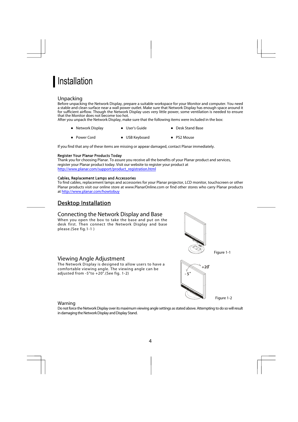 Installation, Desktop installation, Connecting the network display and base | Viewing angle adjustment | Planar ND1950 User Manual | Page 6 / 16
