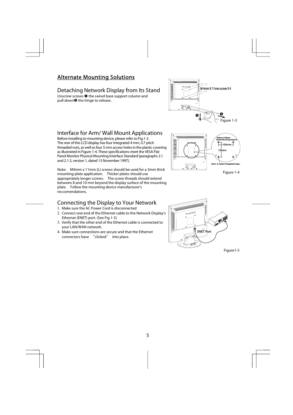 Interface for arm/ wall mount applications, Connecting the display to your network | Planar ND1950 User Manual | Page 7 / 16