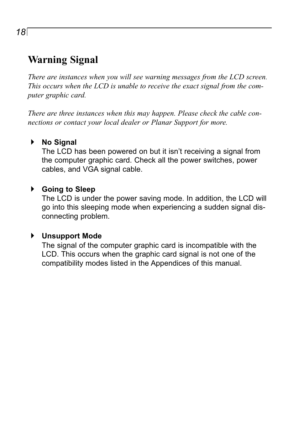 Warning signal | Planar LA1500RTR User Manual | Page 18 / 22