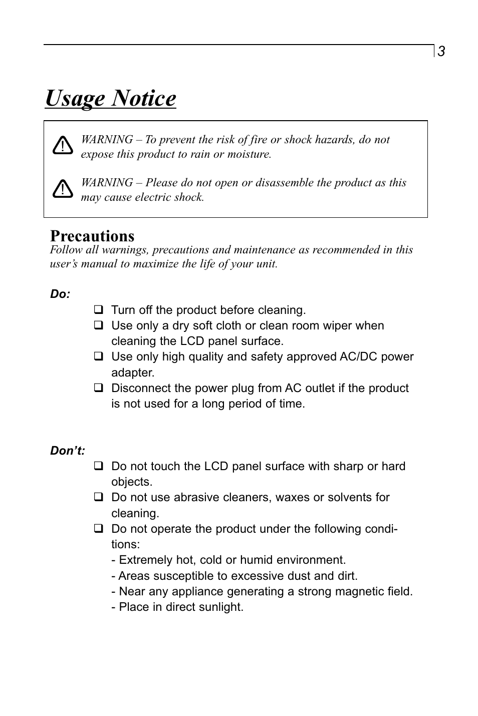 Usage notice, Precautions | Planar LA1500RTR User Manual | Page 3 / 22