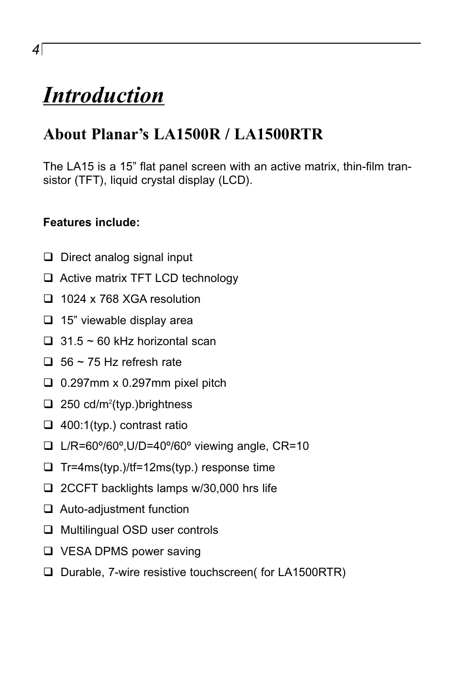 Introduction | Planar LA1500RTR User Manual | Page 4 / 22