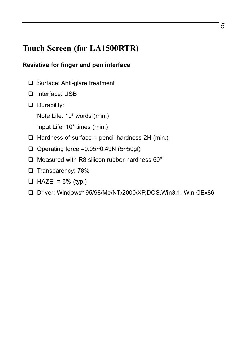 Touch screen (for la1500rtr) | Planar LA1500RTR User Manual | Page 5 / 22