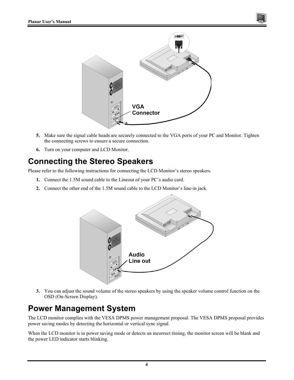 Connecting the stereo speakers, Power management system | Planar CT1744NU User Manual | Page 10 / 19