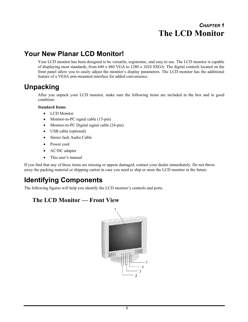 The lcd monitor, Your new planar lcd monitor, Unpacking | Identifying components, The lcd monitor — front view | Planar CT1744NU User Manual | Page 7 / 19