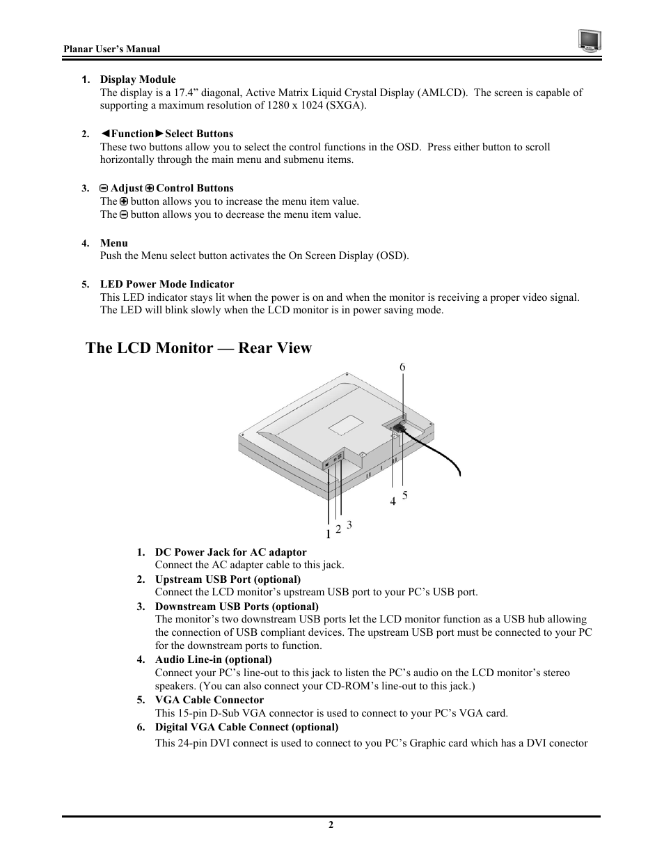 The lcd monitor — rear view | Planar CT1744NU User Manual | Page 8 / 19