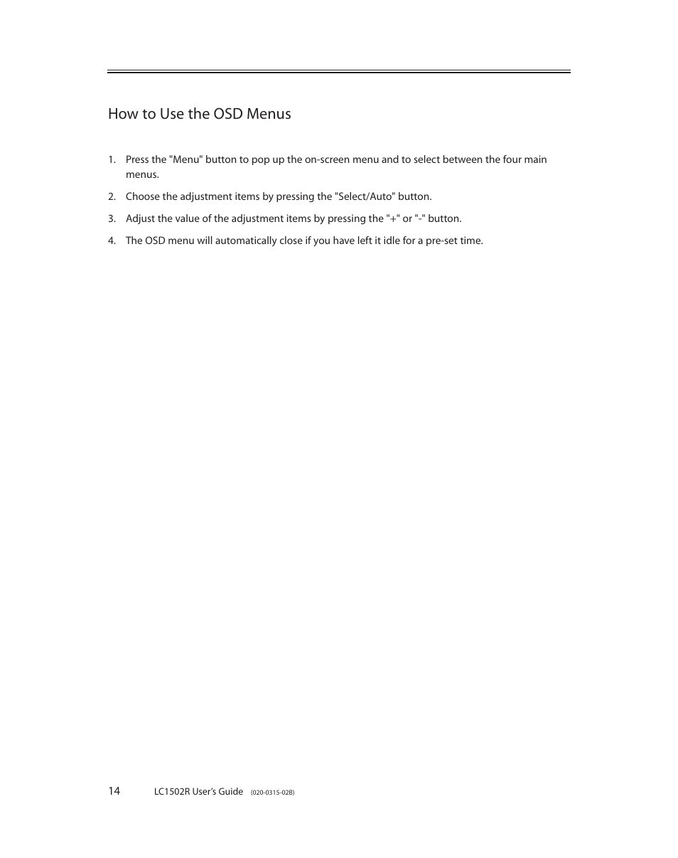 How to use the osd menus | Planar LC1502R User Manual | Page 14 / 29