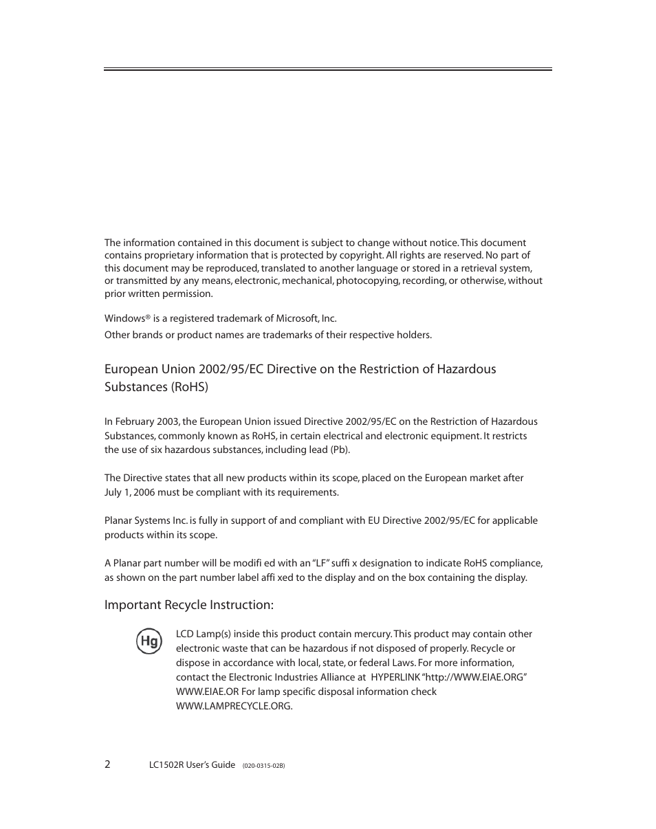 Important recycle instruction | Planar LC1502R User Manual | Page 2 / 29