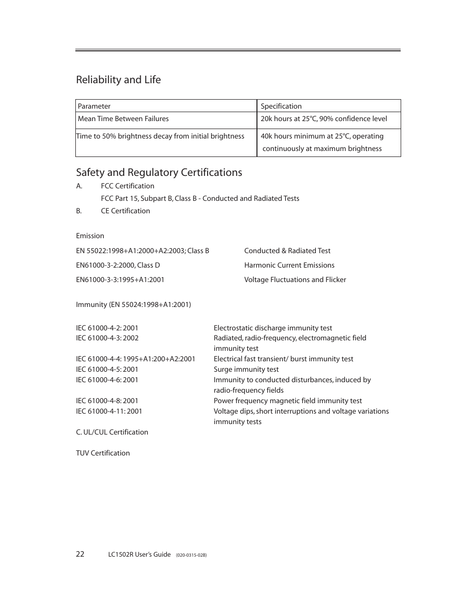 Reliability and life, Safety and regulatory certifications | Planar LC1502R User Manual | Page 22 / 29