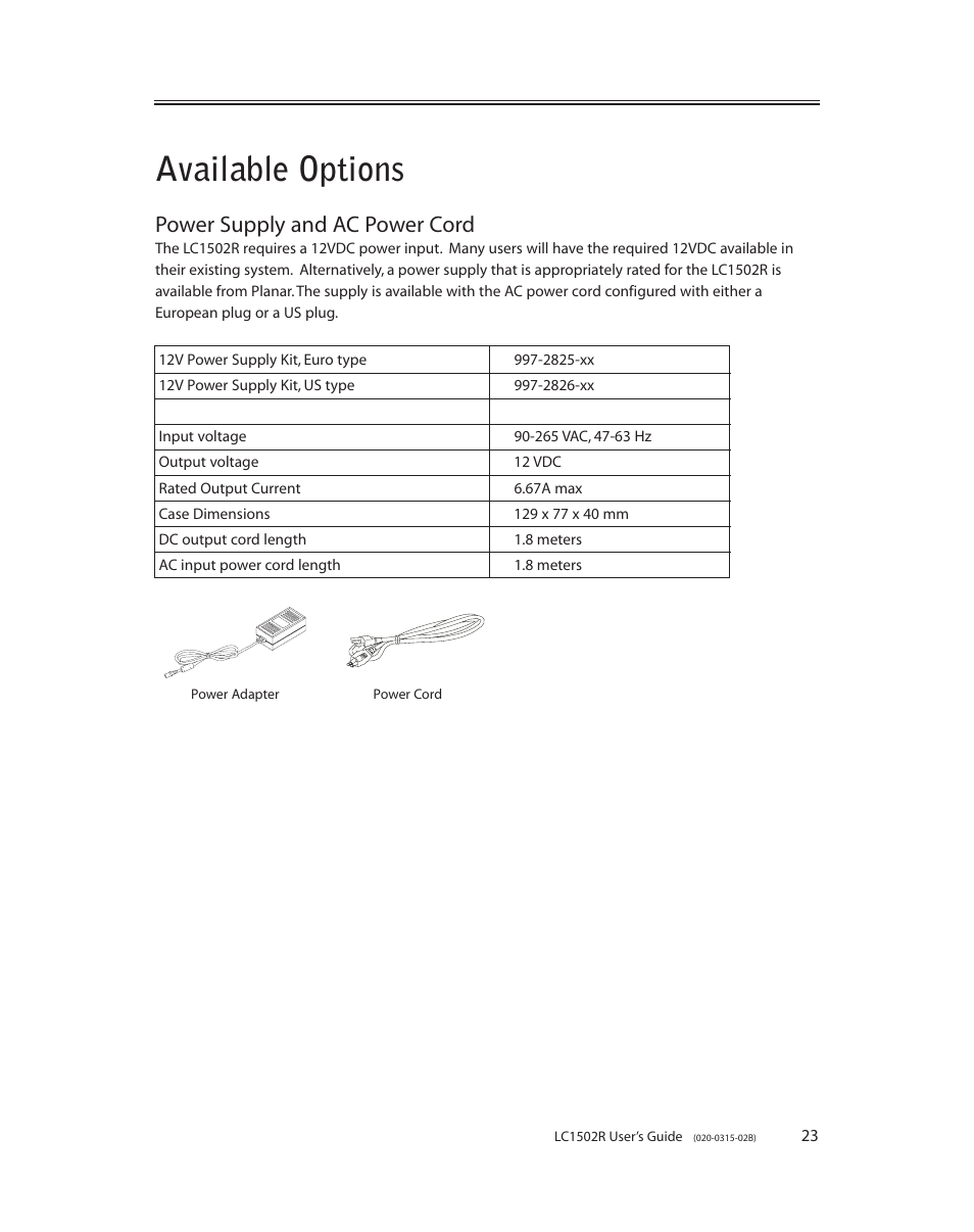 Available options, Power supply and ac power cord | Planar LC1502R User Manual | Page 23 / 29