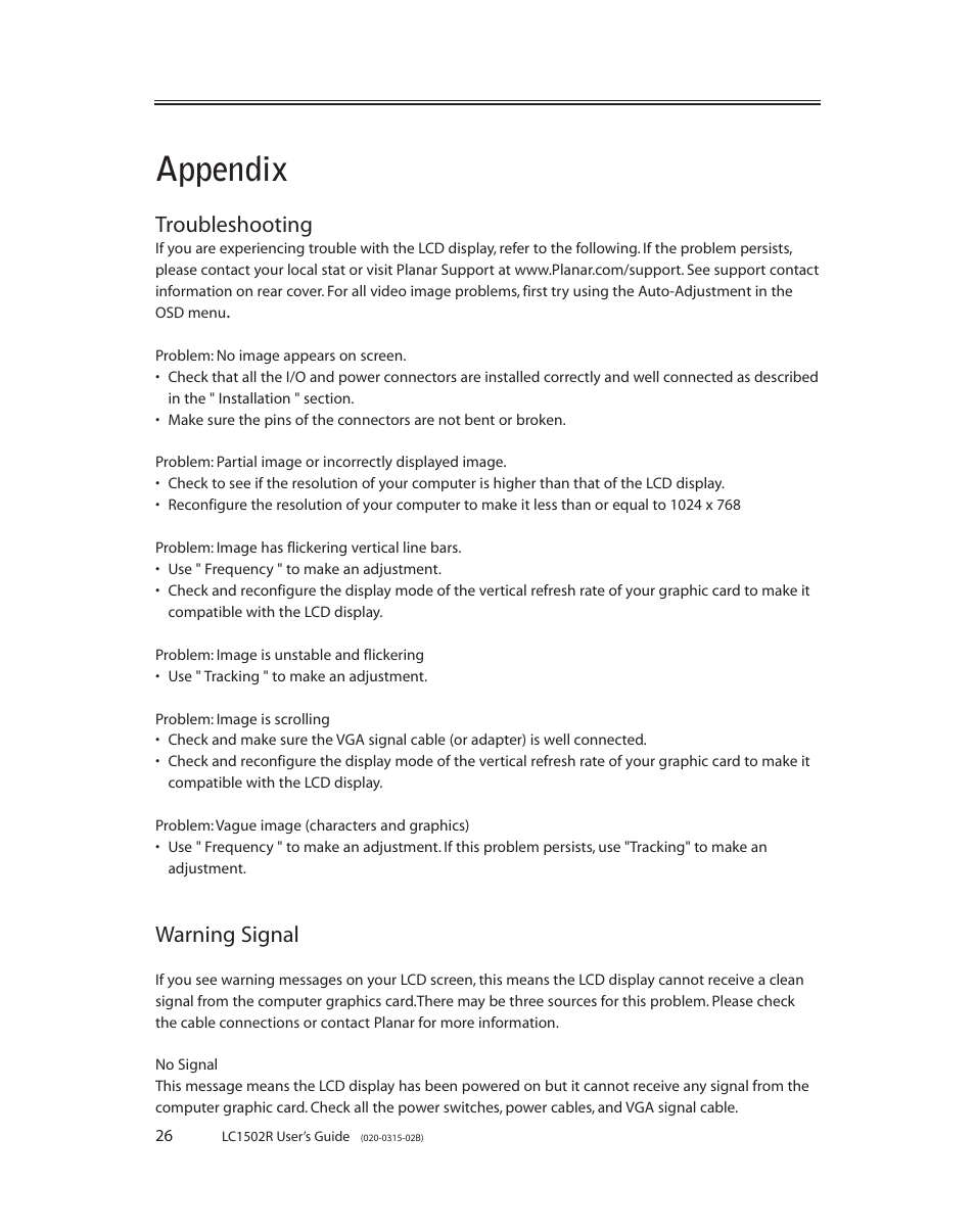Appendix, Troubleshooting, Warning signal | Planar LC1502R User Manual | Page 26 / 29