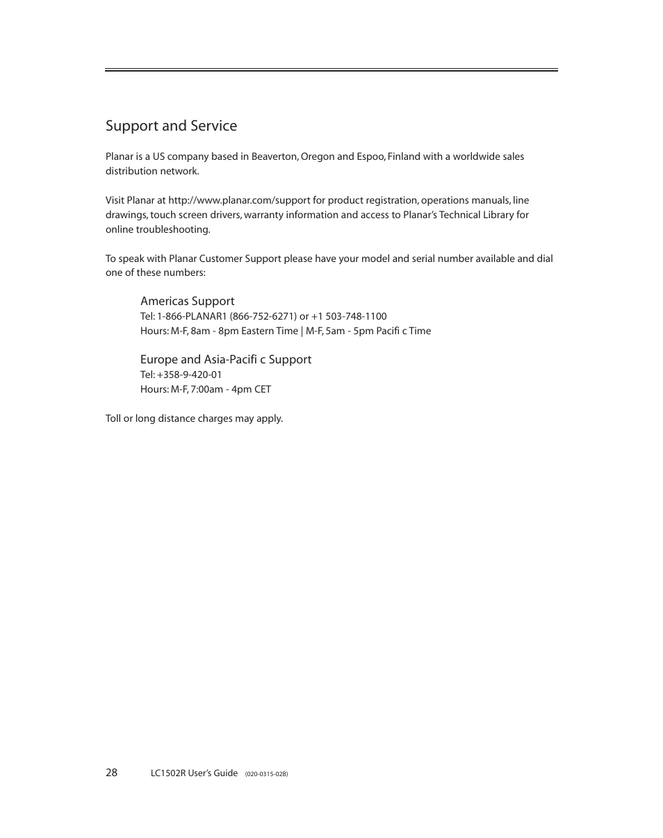 Support and service | Planar LC1502R User Manual | Page 28 / 29