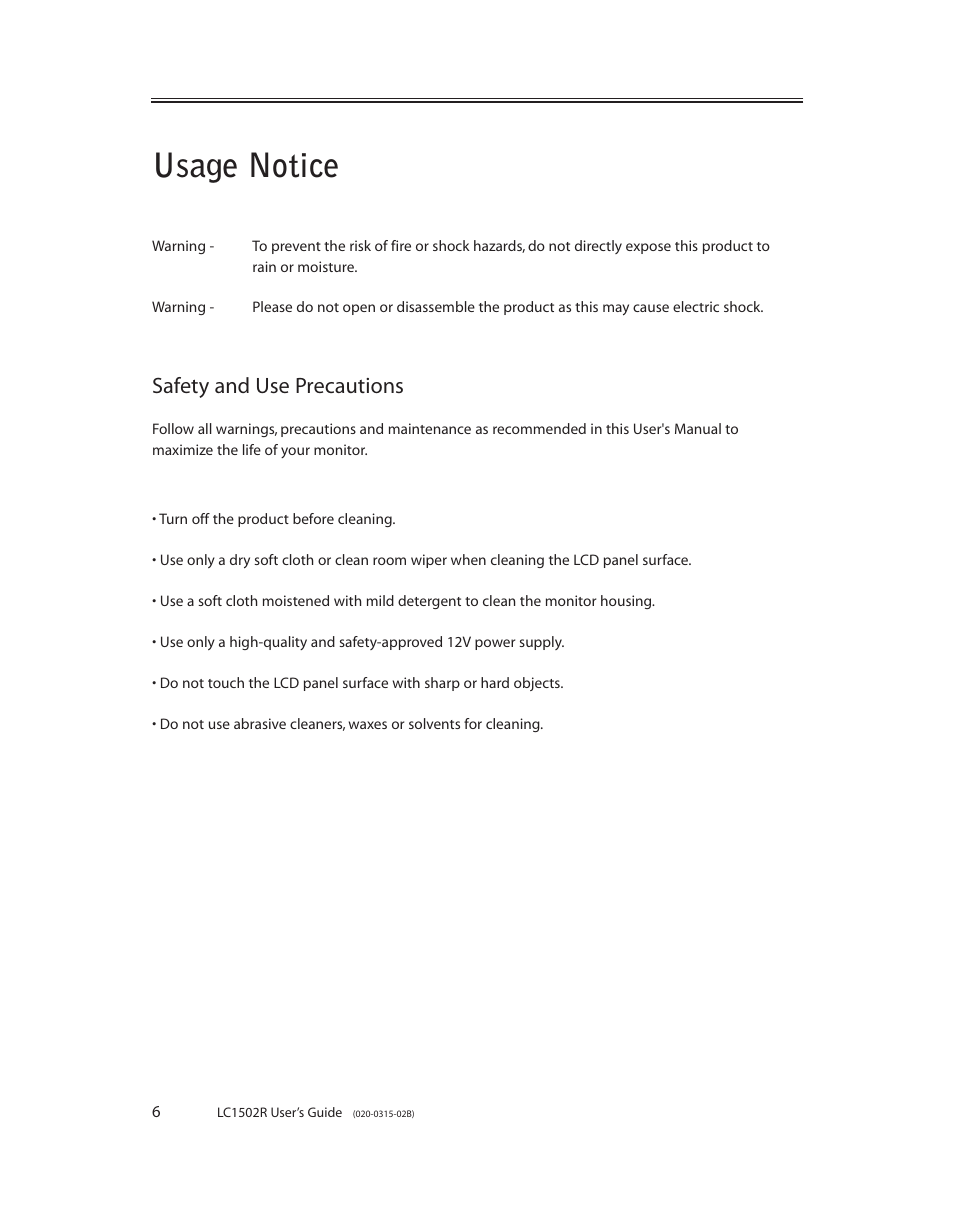 Usage notice, Safety and use precautions | Planar LC1502R User Manual | Page 6 / 29