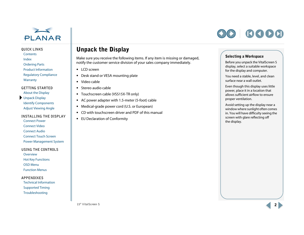 Unpack the display, Unpack display | Planar VitalScreen VSS15X-TR User Manual | Page 10 / 38