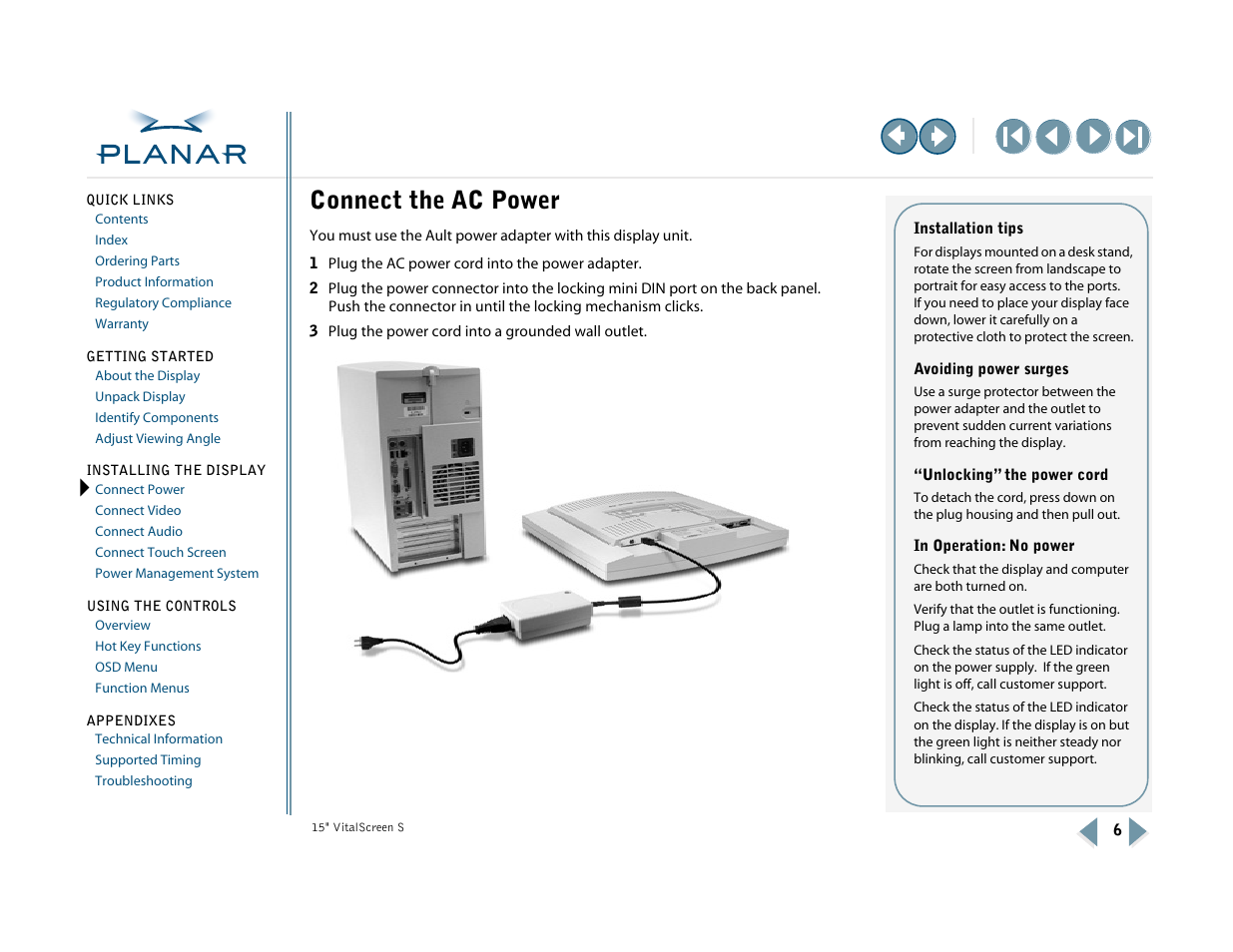 2 installing the display, Connect the ac power, Connect power | Planar VitalScreen VSS15X-TR User Manual | Page 14 / 38