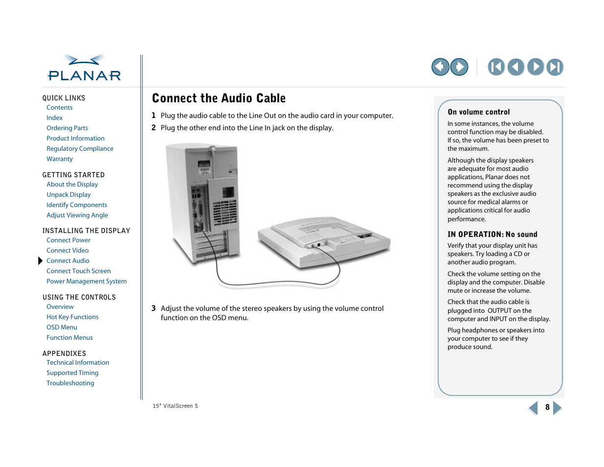 Connect the audio cable, Connect audio | Planar VitalScreen VSS15X-TR User Manual | Page 16 / 38