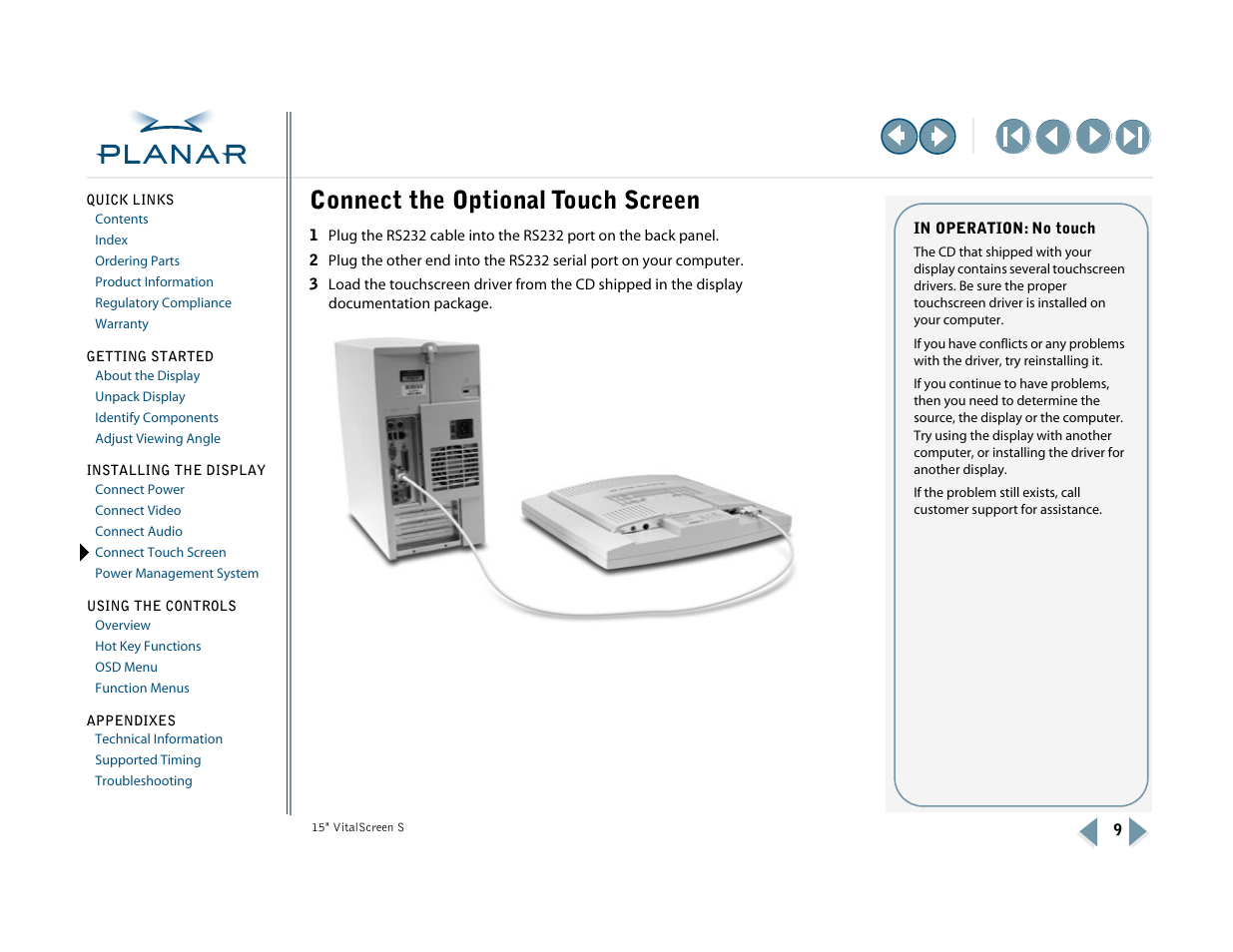 Connect the optional touch screen, Connect touch screen | Planar VitalScreen VSS15X-TR User Manual | Page 17 / 38