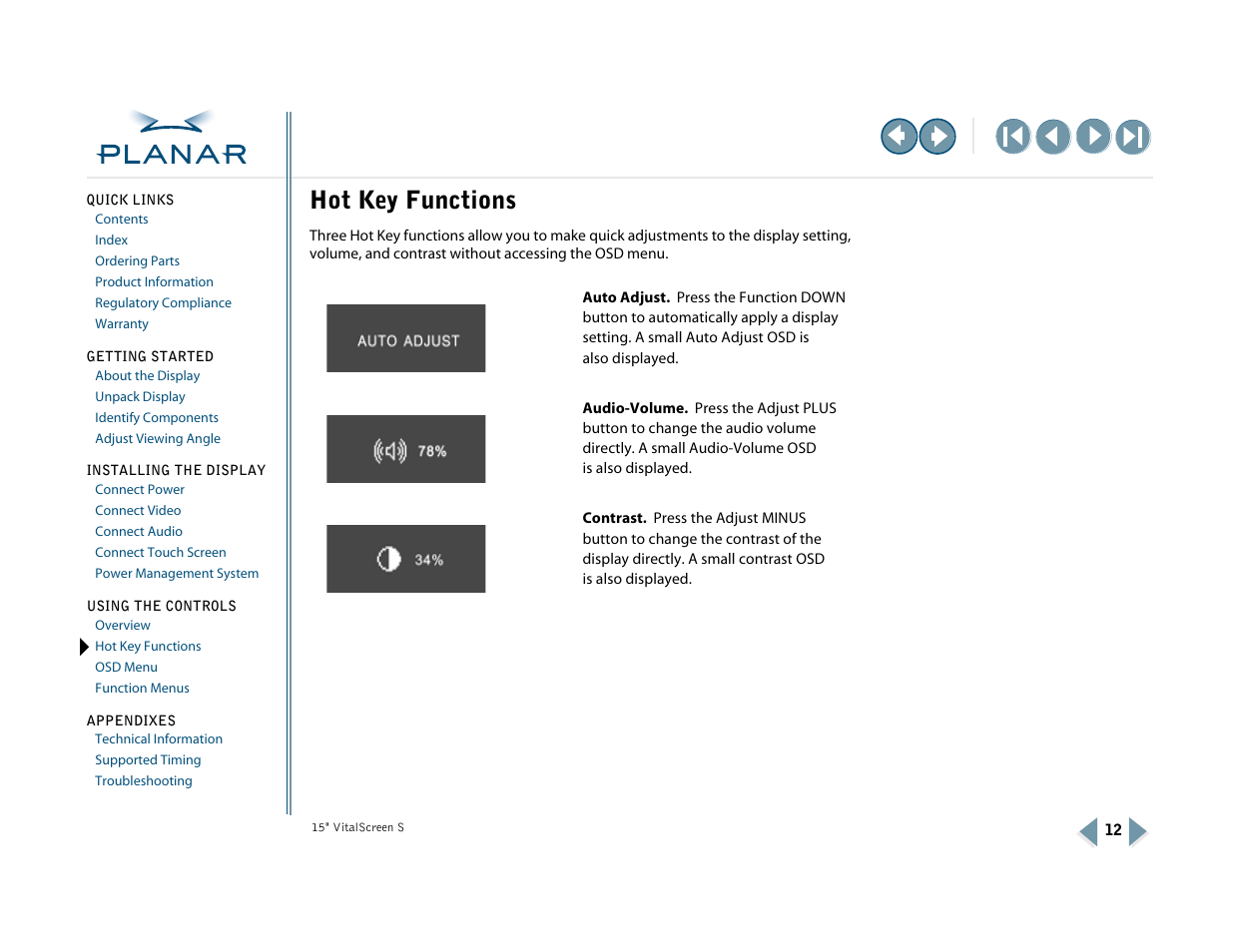 Hot key functions | Planar VitalScreen VSS15X-TR User Manual | Page 20 / 38