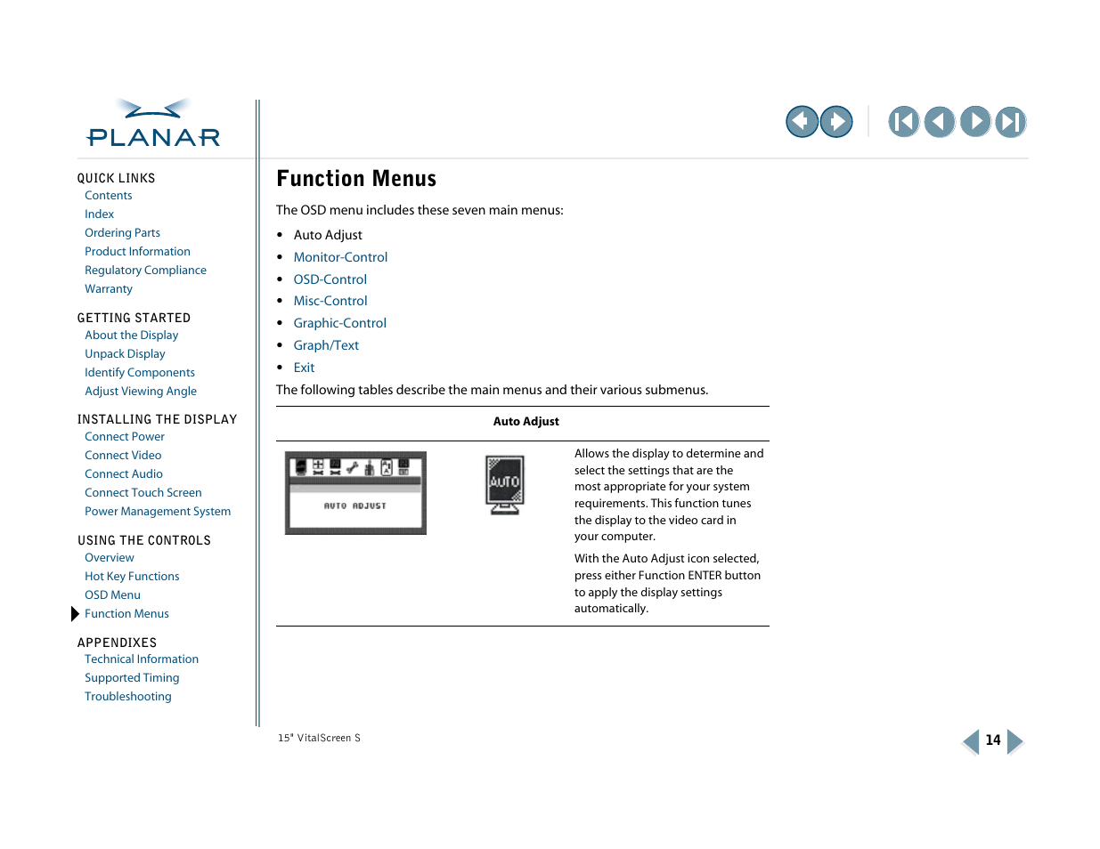 Function menus | Planar VitalScreen VSS15X-TR User Manual | Page 22 / 38