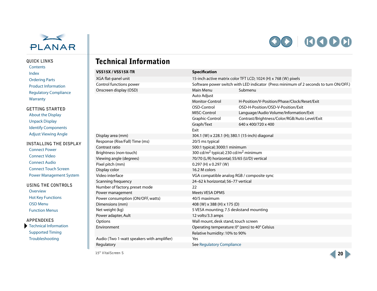 Appendix a: technical information, Technical information | Planar VitalScreen VSS15X-TR User Manual | Page 28 / 38