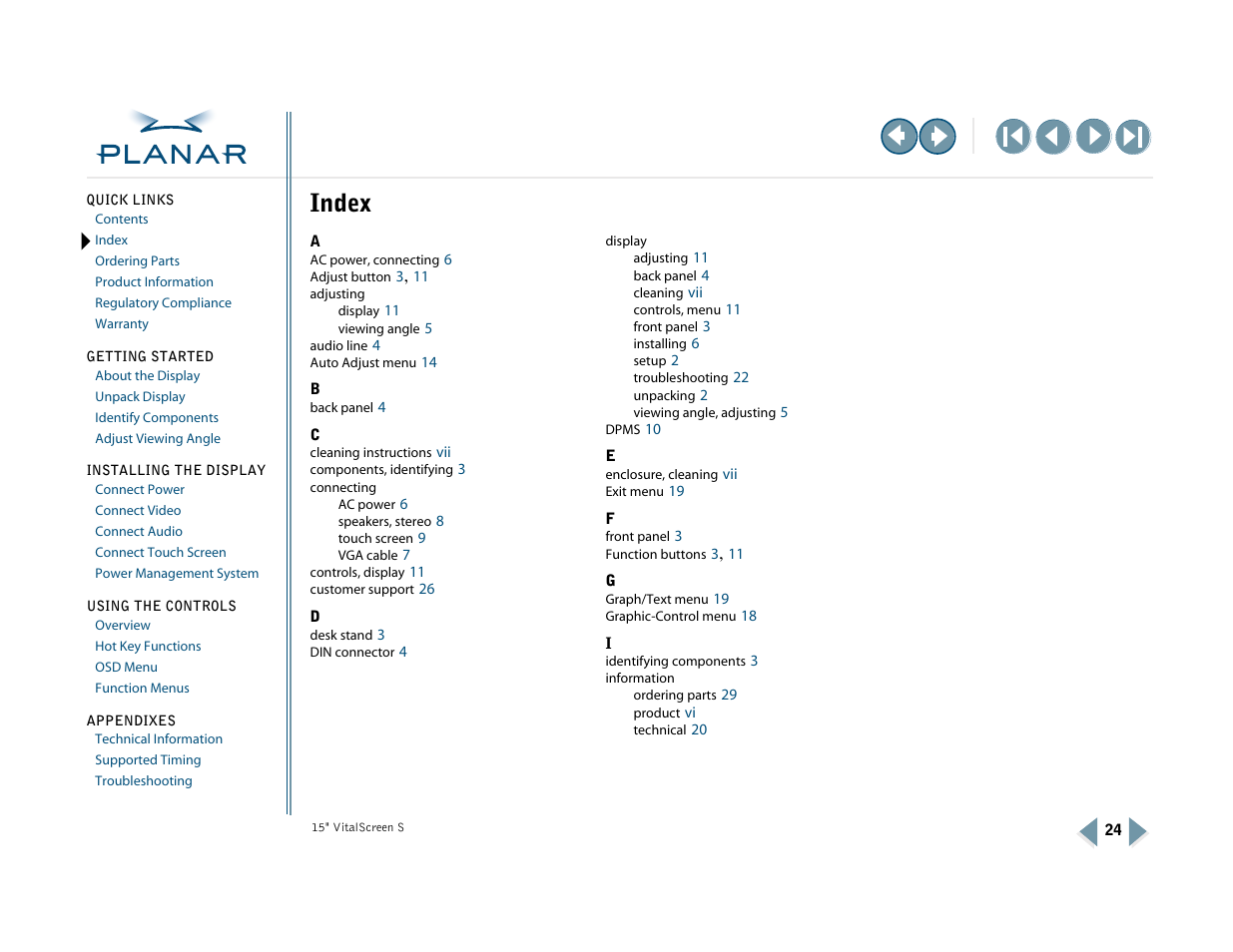 Index | Planar VitalScreen VSS15X-TR User Manual | Page 32 / 38