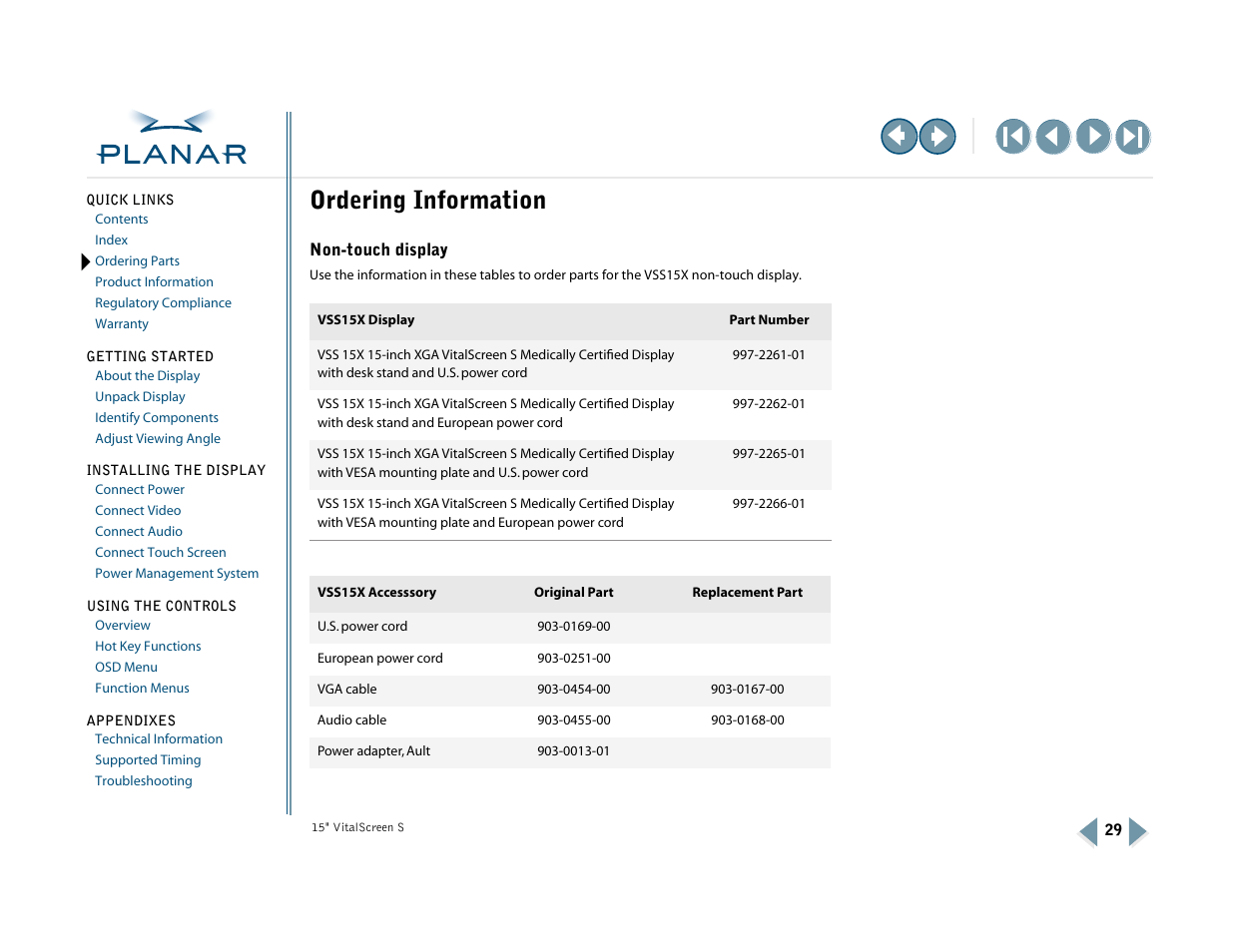 Ordering information, Non-touch display, Ordering parts | Planar VitalScreen VSS15X-TR User Manual | Page 37 / 38