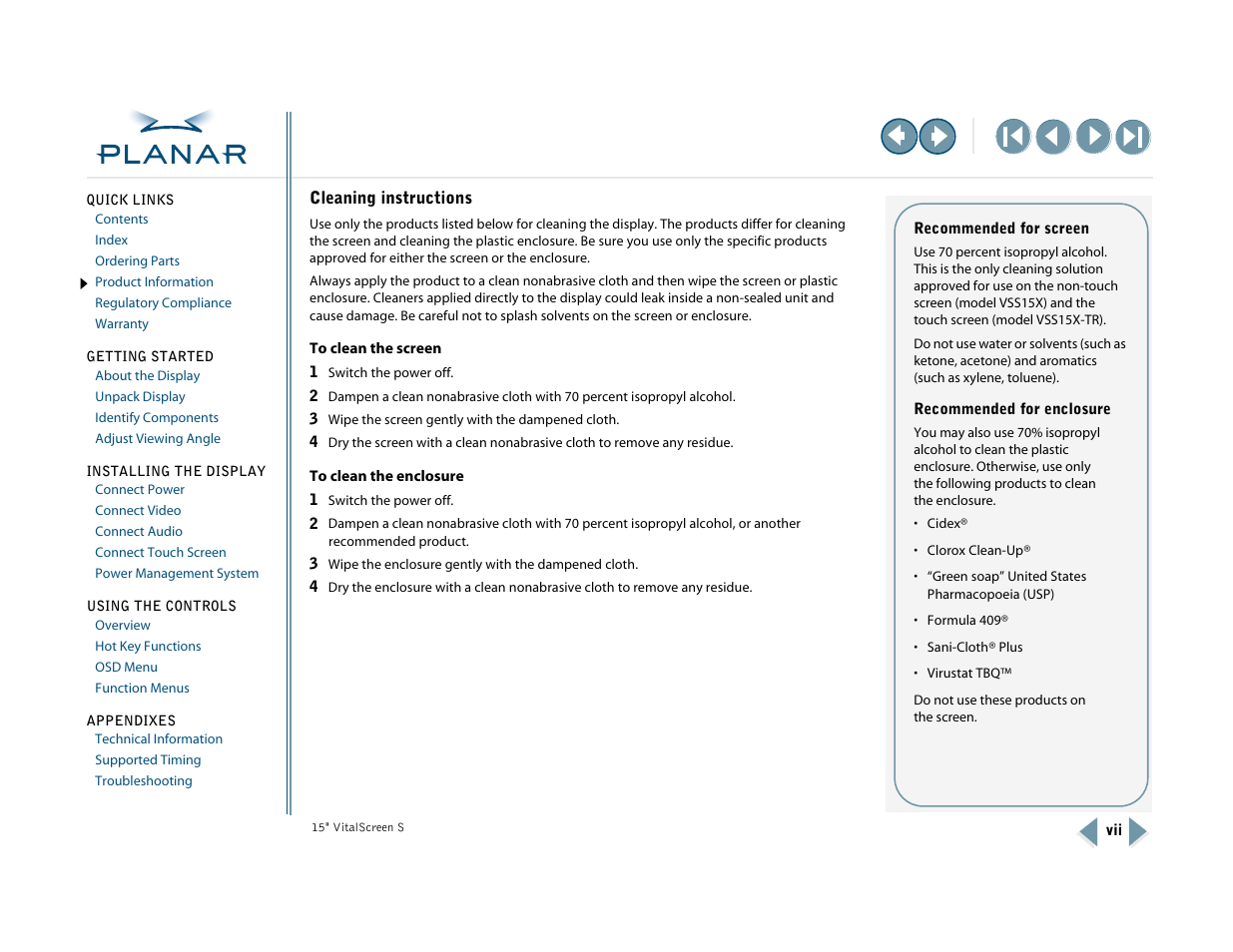 Cleaning instructions | Planar VitalScreen VSS15X-TR User Manual | Page 7 / 38