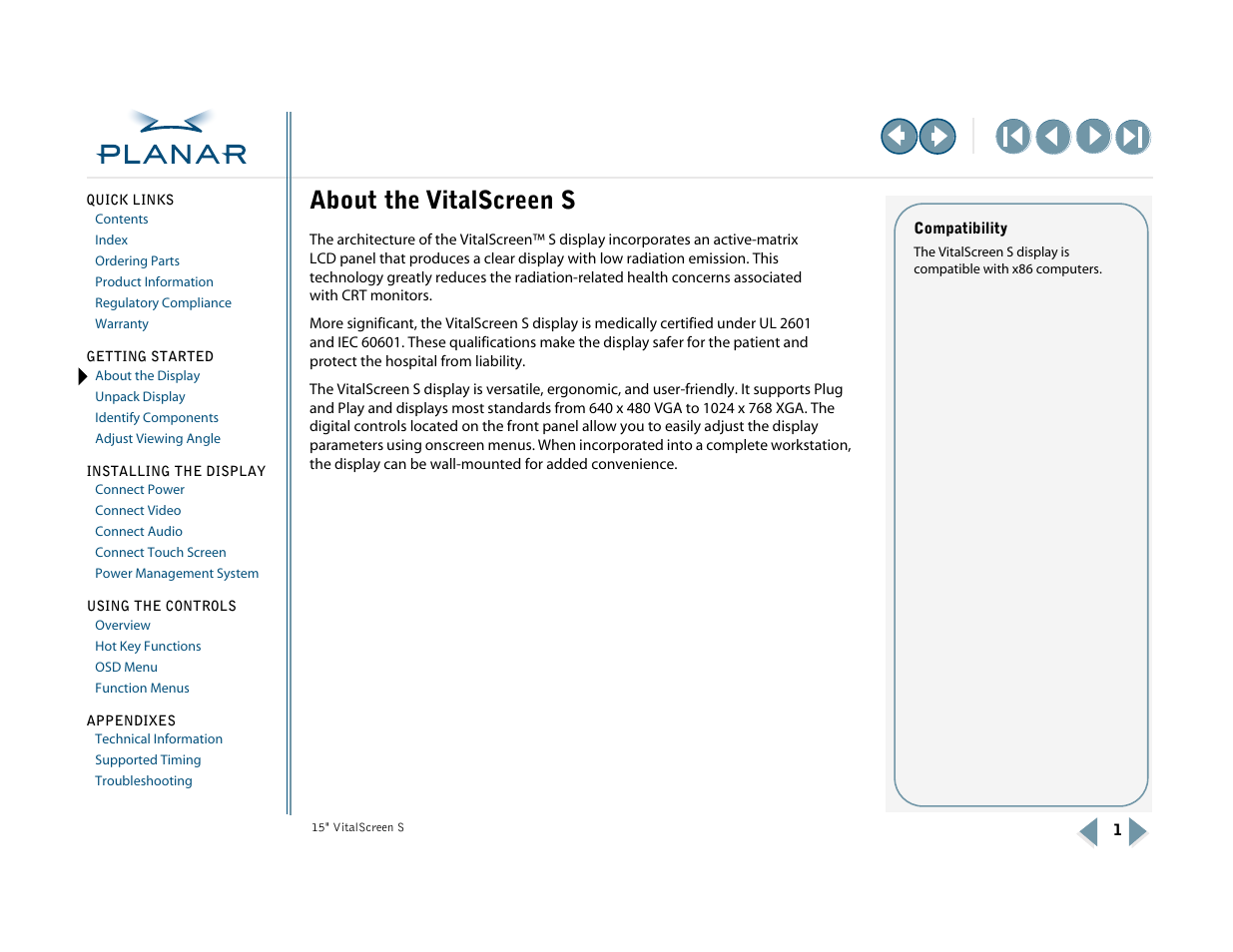 1 getting started, About the vitalscreen s, About the display | Planar VitalScreen VSS15X-TR User Manual | Page 9 / 38