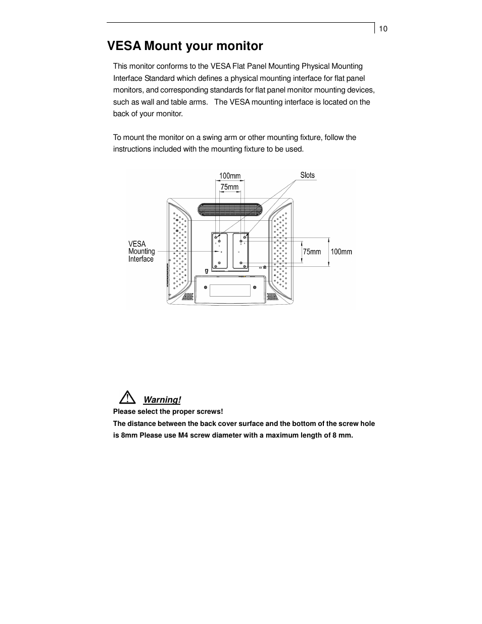 Vesa mount your monitor | Planar PT1911MX User Manual | Page 12 / 30