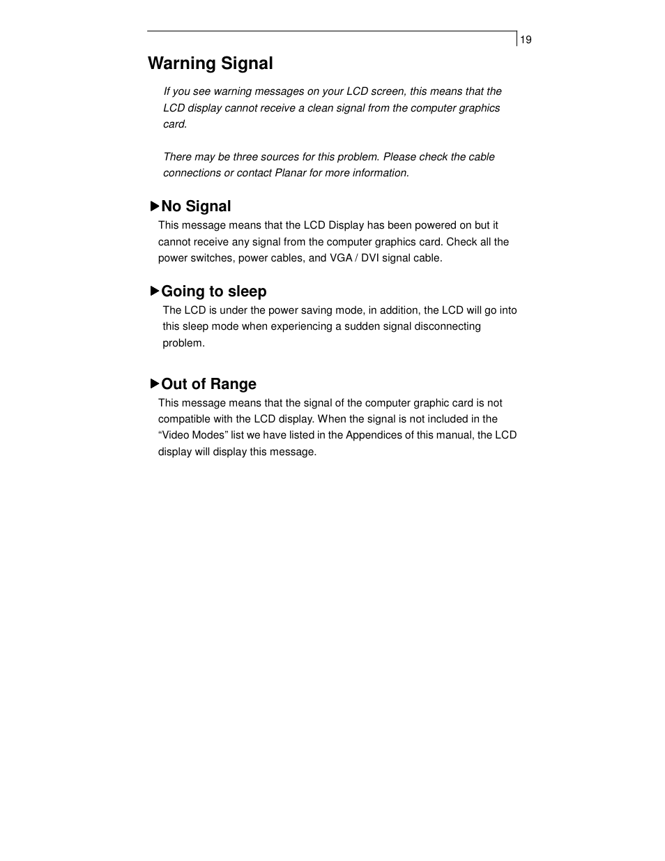 Warning signal, No signal, Going to sleep | Out of range | Planar PT1911MX User Manual | Page 21 / 30