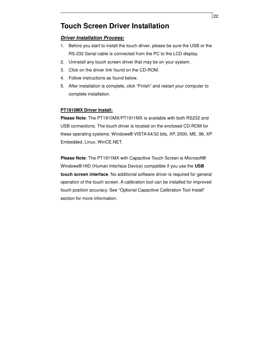 Touch screen driver installation | Planar PT1911MX User Manual | Page 24 / 30