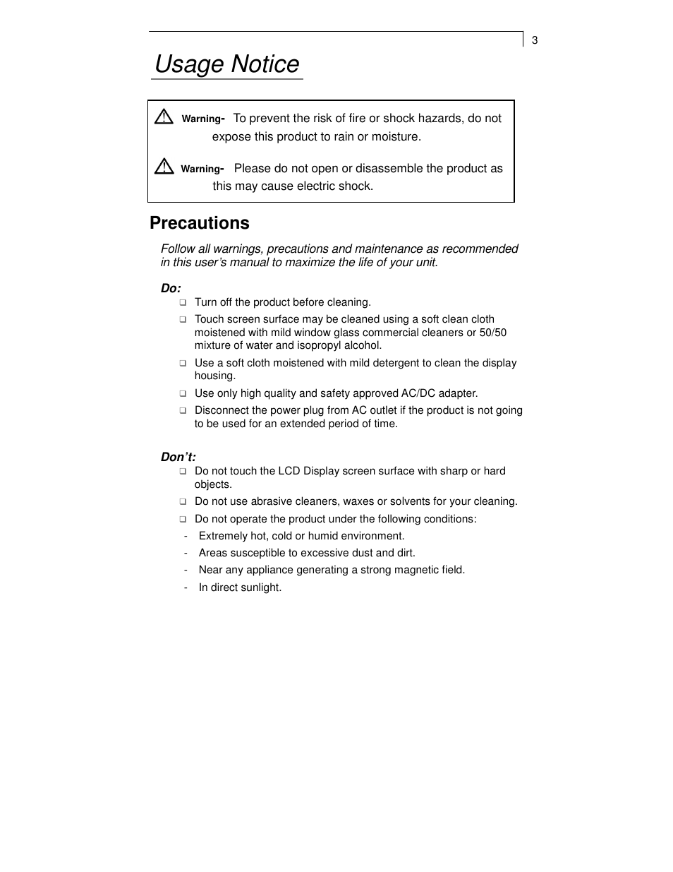 Usage notice, Precautions | Planar PT1911MX User Manual | Page 5 / 30