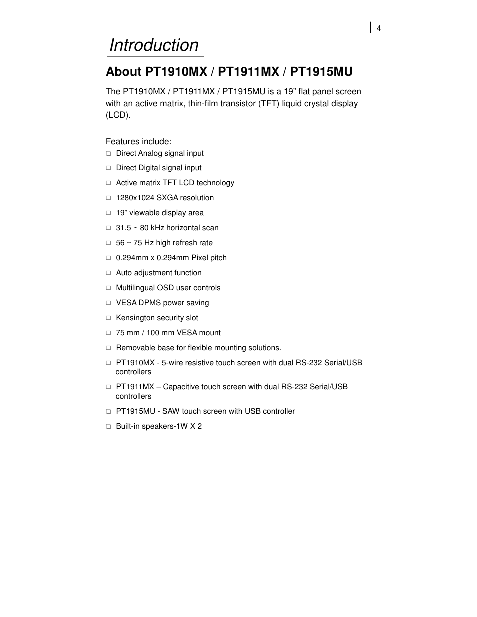Introduction | Planar PT1911MX User Manual | Page 6 / 30