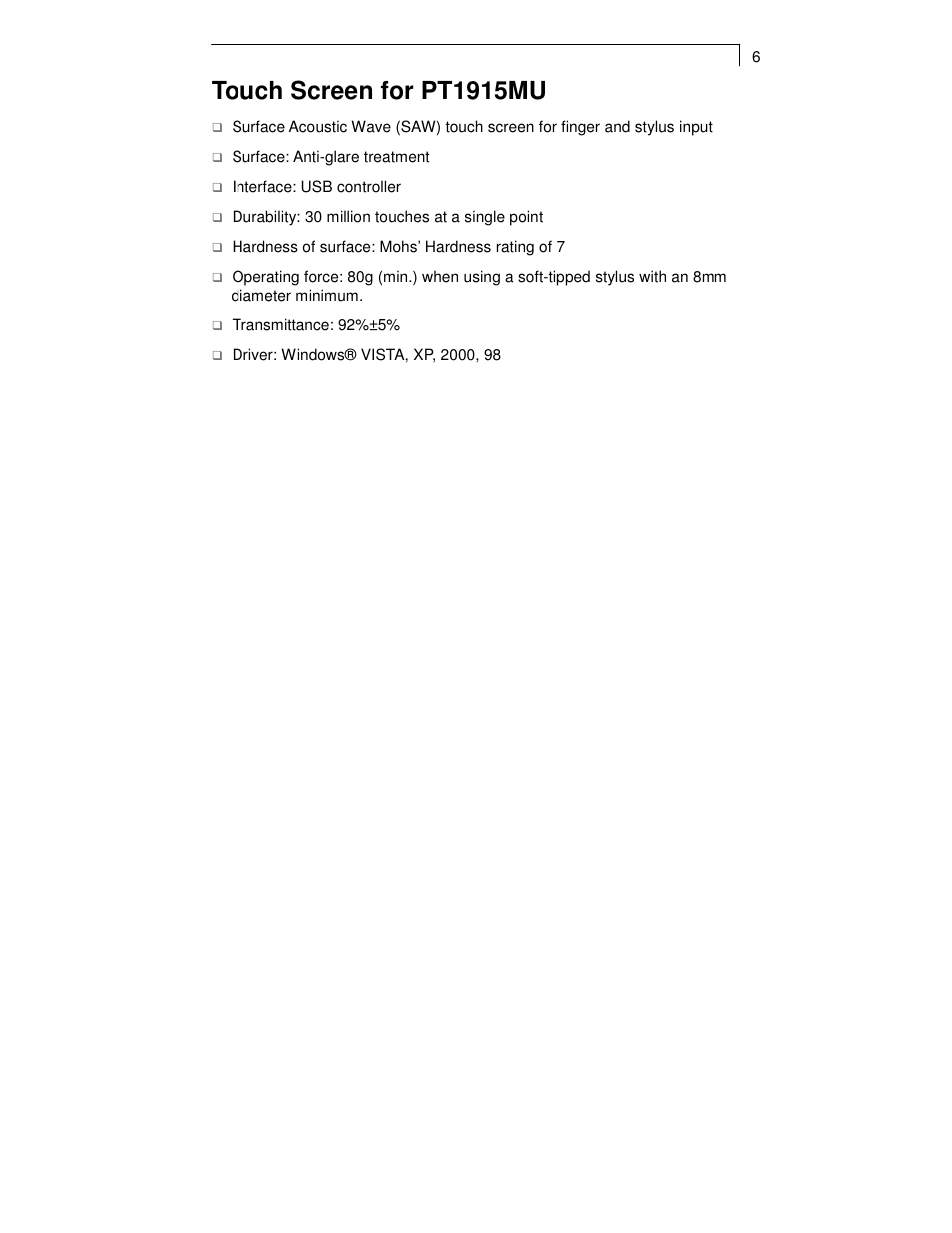 Touch screen for pt1915mu | Planar PT1911MX User Manual | Page 8 / 30