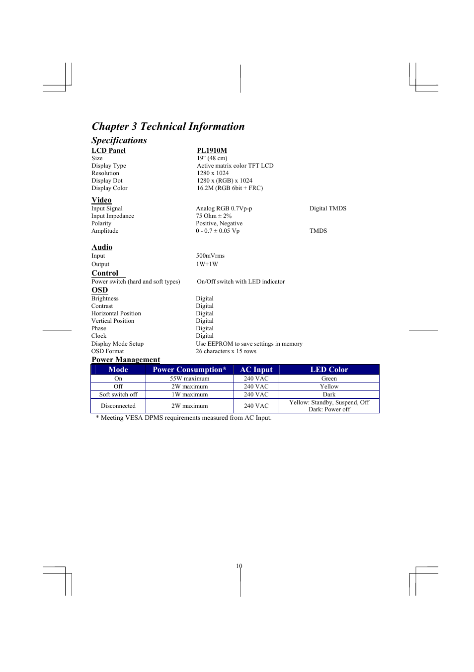 Chapter 3 technical information, Specifications | Planar PL1910M User Manual | Page 12 / 16