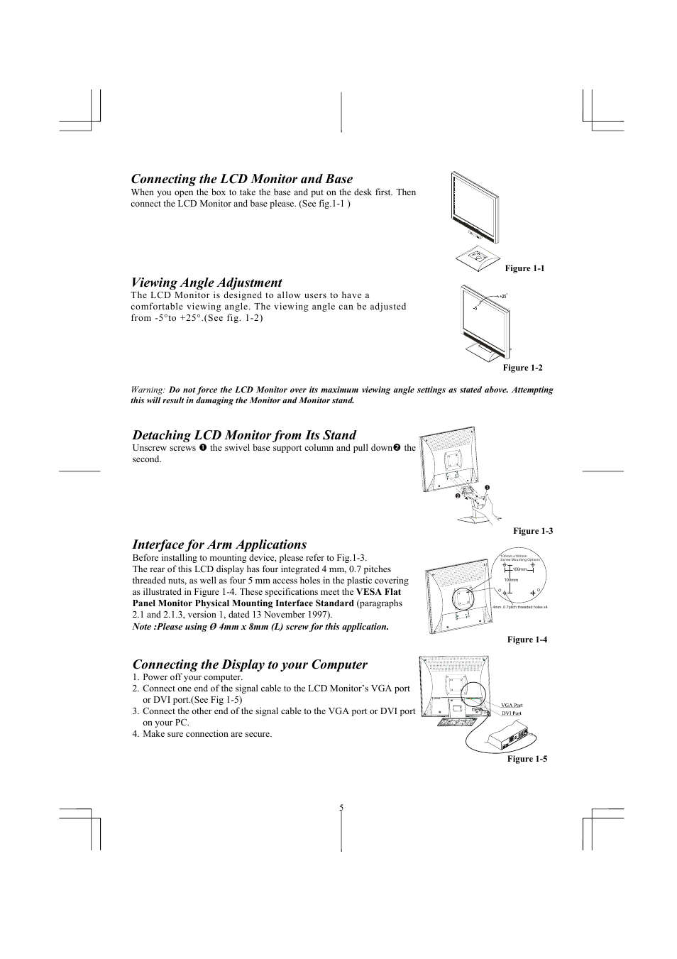 Connecting the lcd monitor and base, Viewing angle adjustment, Detaching lcd monitor from its stand | Interface for arm applications, Connecting the display to your computer | Planar PL1910M User Manual | Page 7 / 16