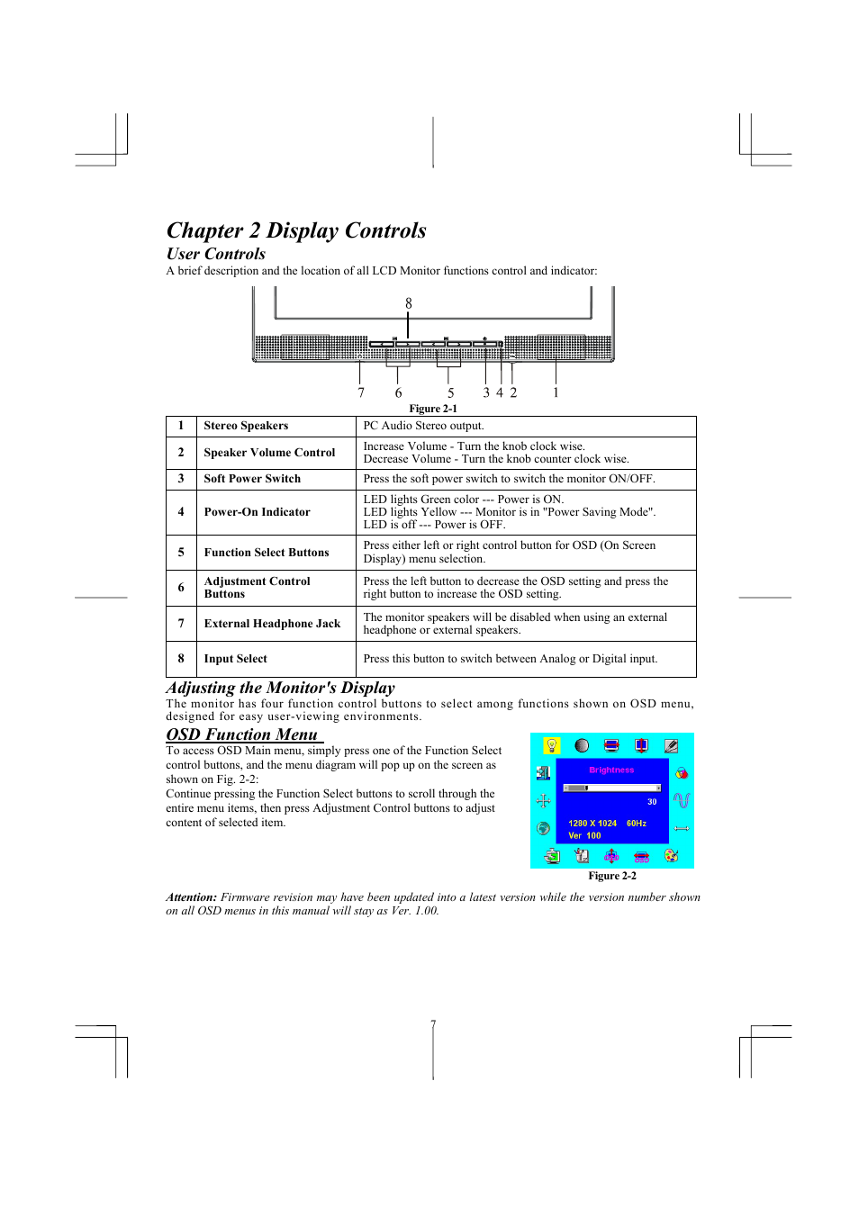 Chapter 2 display controls, User controls, Adjusting the monitor's display | Osd function menu | Planar PL1910M User Manual | Page 9 / 16