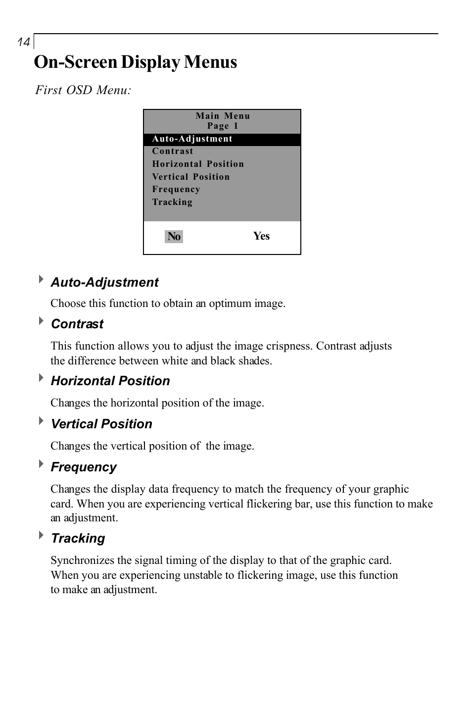 On-screen display menus | Planar PT150MU User Manual | Page 15 / 23