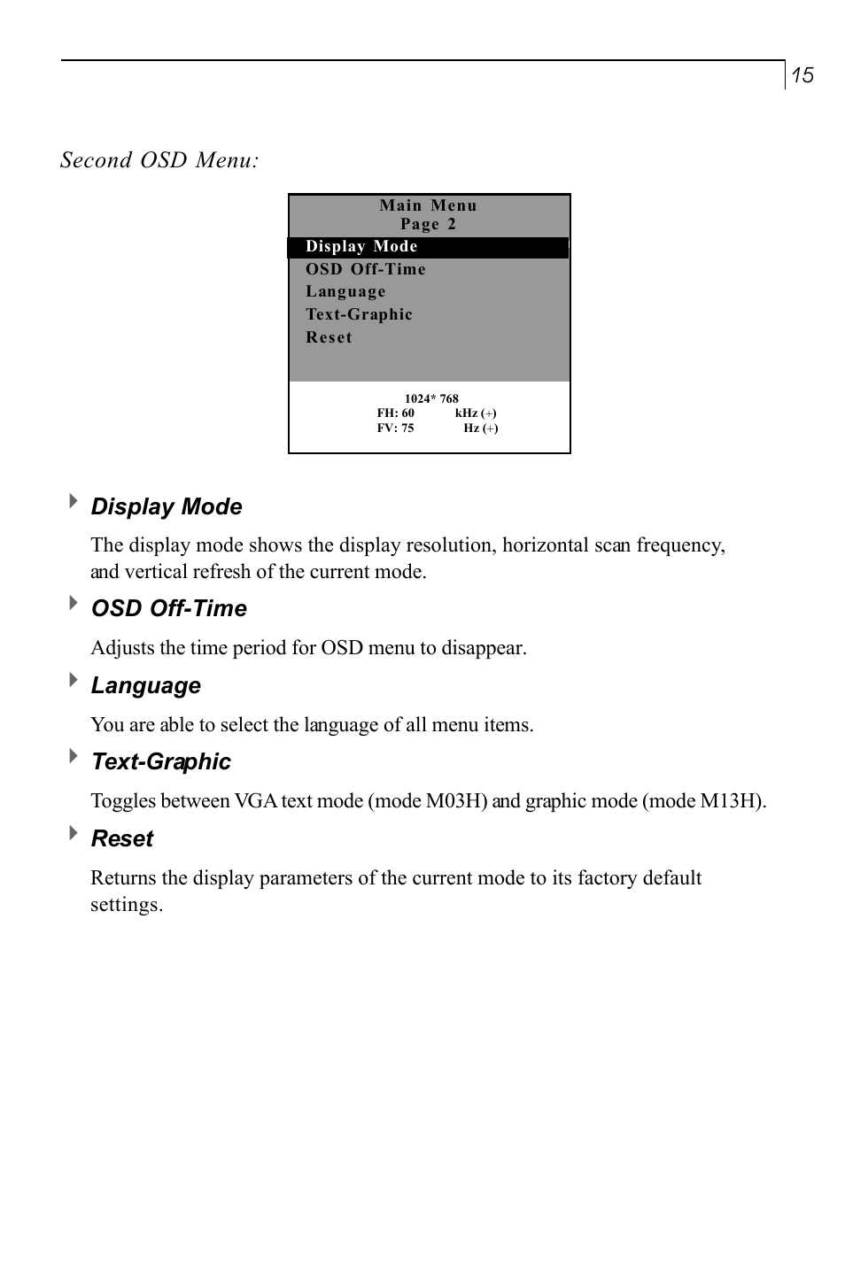 Second osd menu, Display mode, Osd off-time | Language, Text-graphic, Reset | Planar PT150MU User Manual | Page 16 / 23