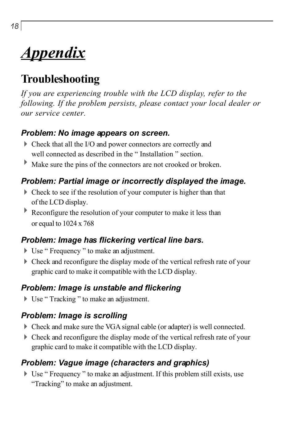 Appendix, Troubleshooting | Planar PT150MU User Manual | Page 19 / 23
