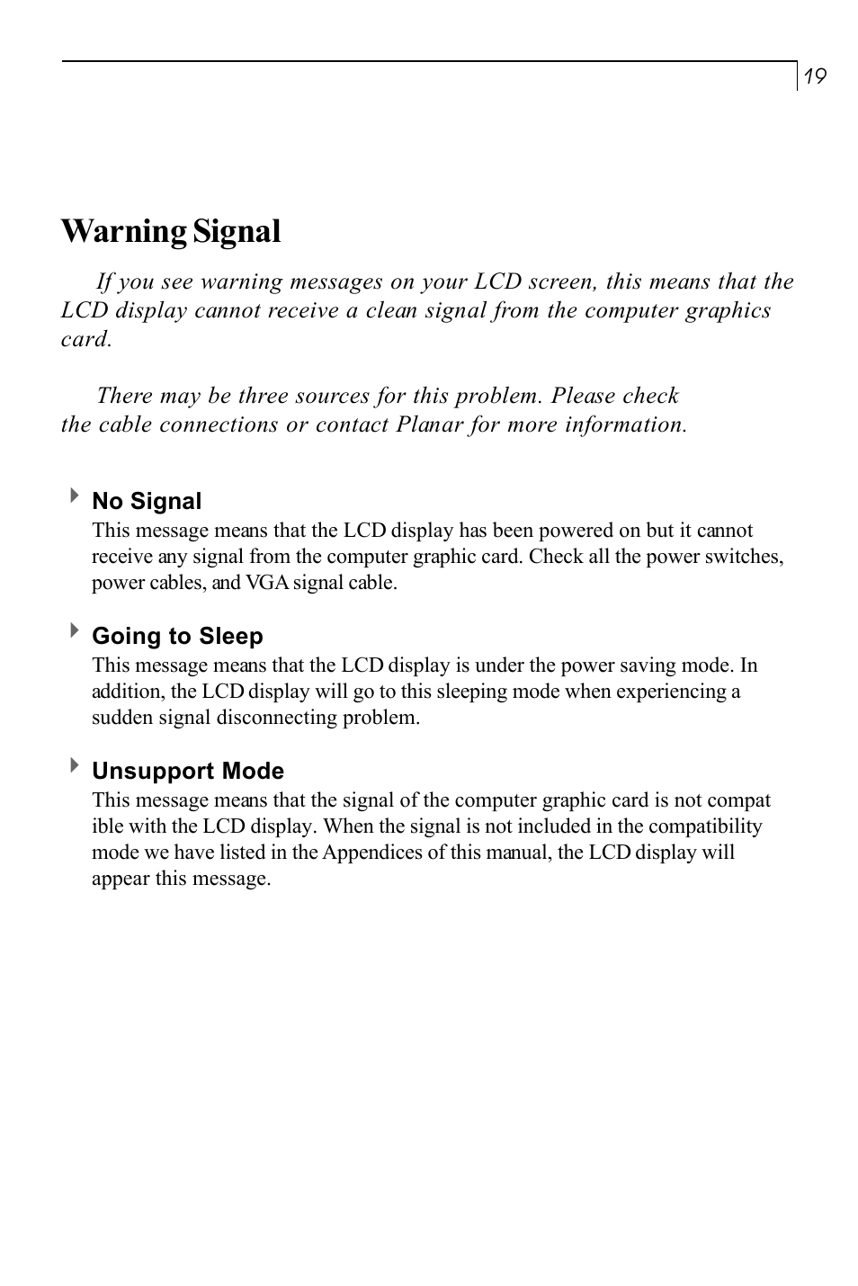 Warning signal | Planar PT150MU User Manual | Page 20 / 23