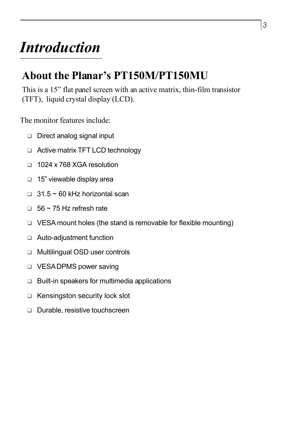 Introduction | Planar PT150MU User Manual | Page 4 / 23