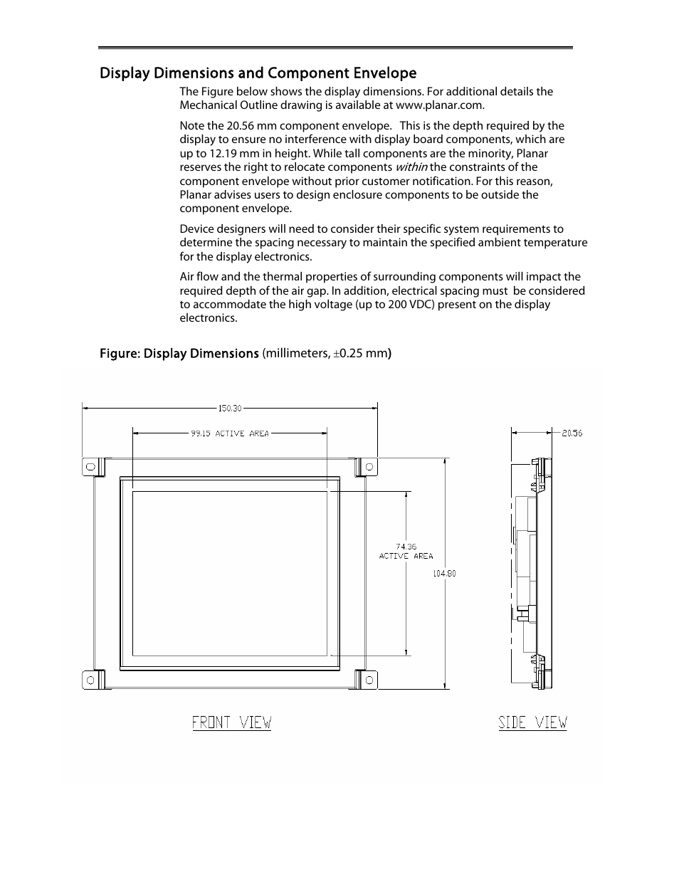 Display dimensions and component envelope | Planar EL320.240-FA3 User Manual | Page 23 / 25