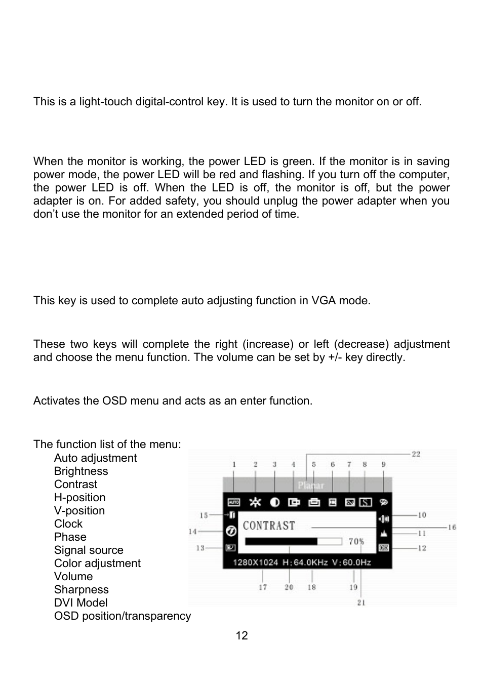 Operation of the monitor | Planar PQ1710M User Manual | Page 12 / 21