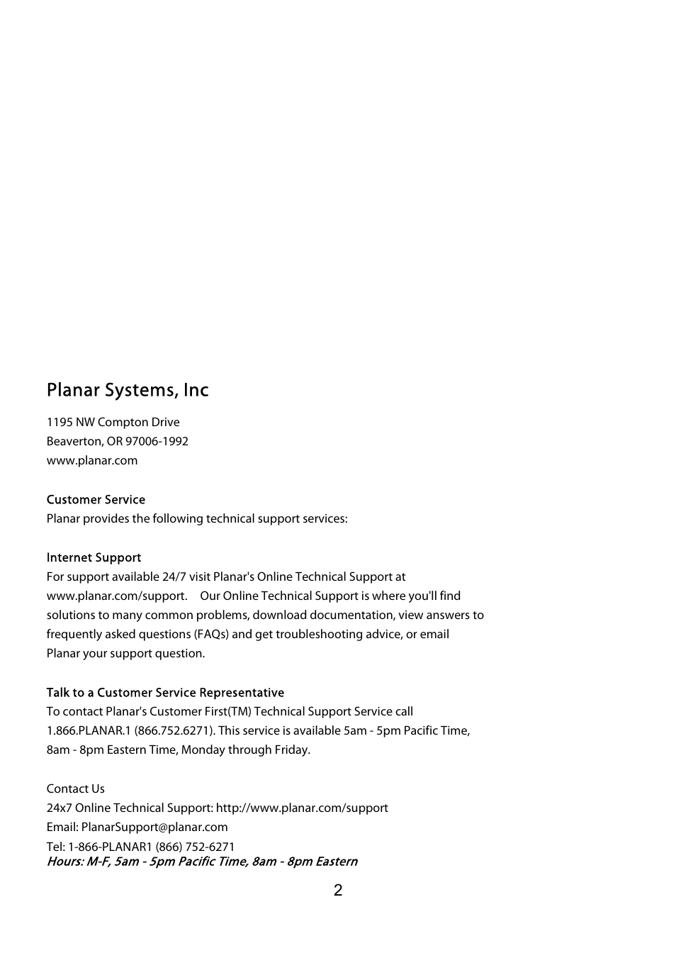 Planar systems, inc | Planar PQ1710M User Manual | Page 2 / 21