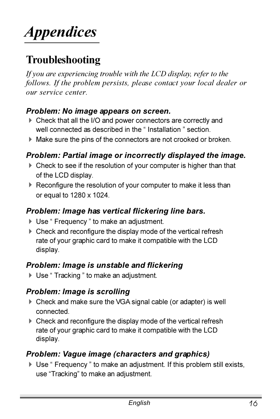 Appendices, Troubleshooting | Planar PX191 User Manual | Page 17 / 22