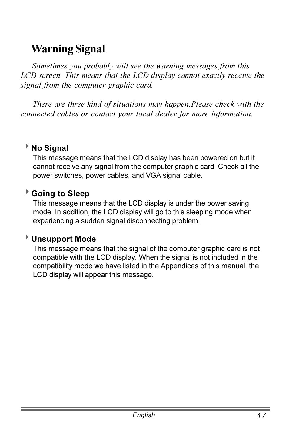 Warning signal | Planar PX191 User Manual | Page 18 / 22