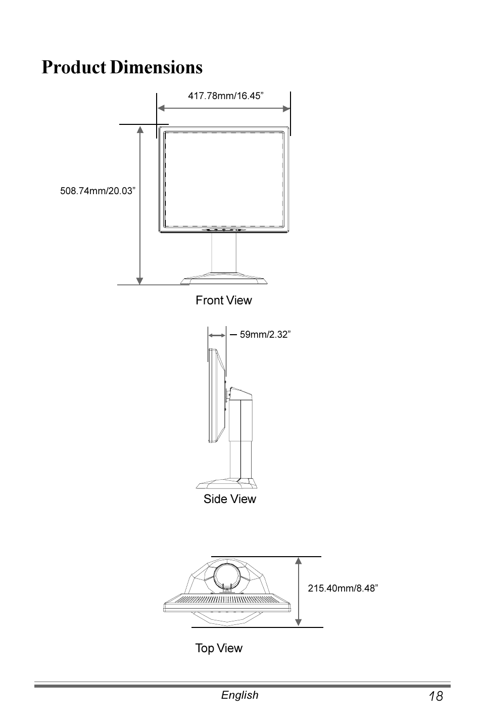 Product dimensions | Planar PX191 User Manual | Page 19 / 22