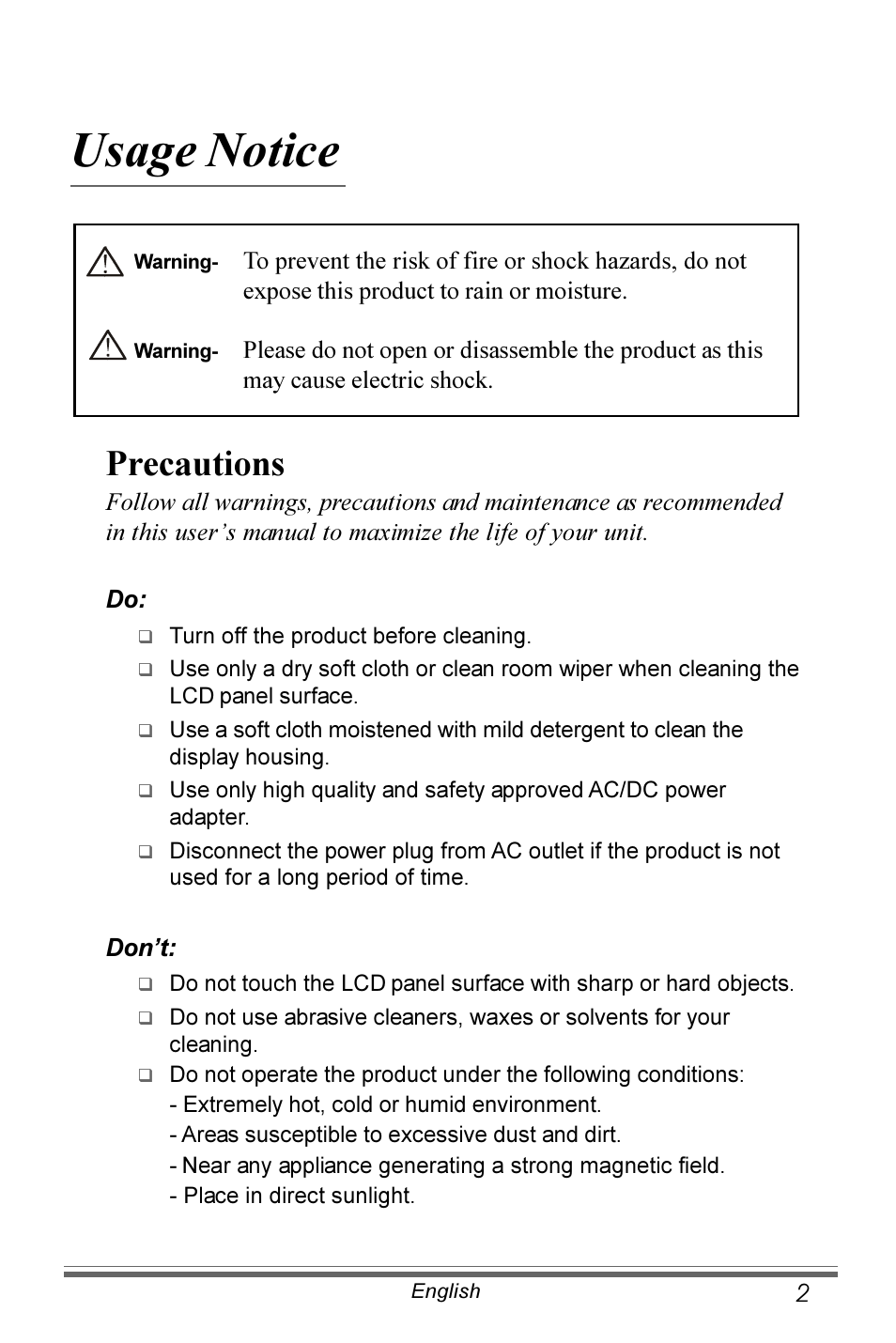 Usage notice, Precautions | Planar PX191 User Manual | Page 3 / 22