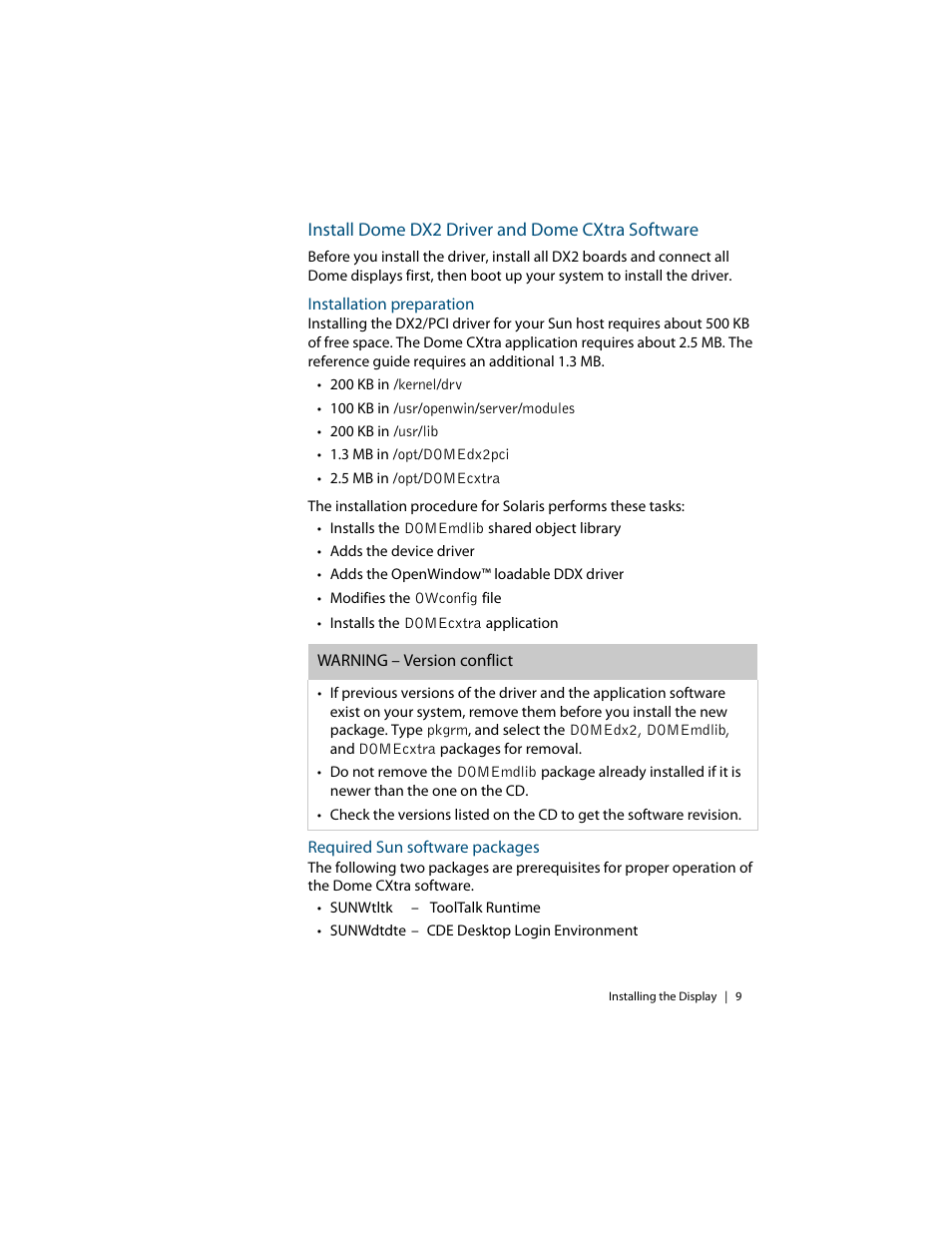 Install dome dx2 driver and dome cxtra software, Installation preparation, Required sun software packages | Planar C3i/EX User Manual | Page 19 / 64